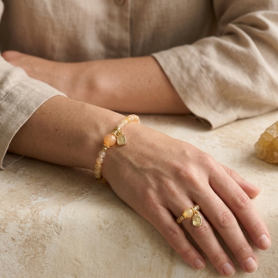 Golden Glow Carnelian and  Quartzite Jade Bracelet & Ring Set