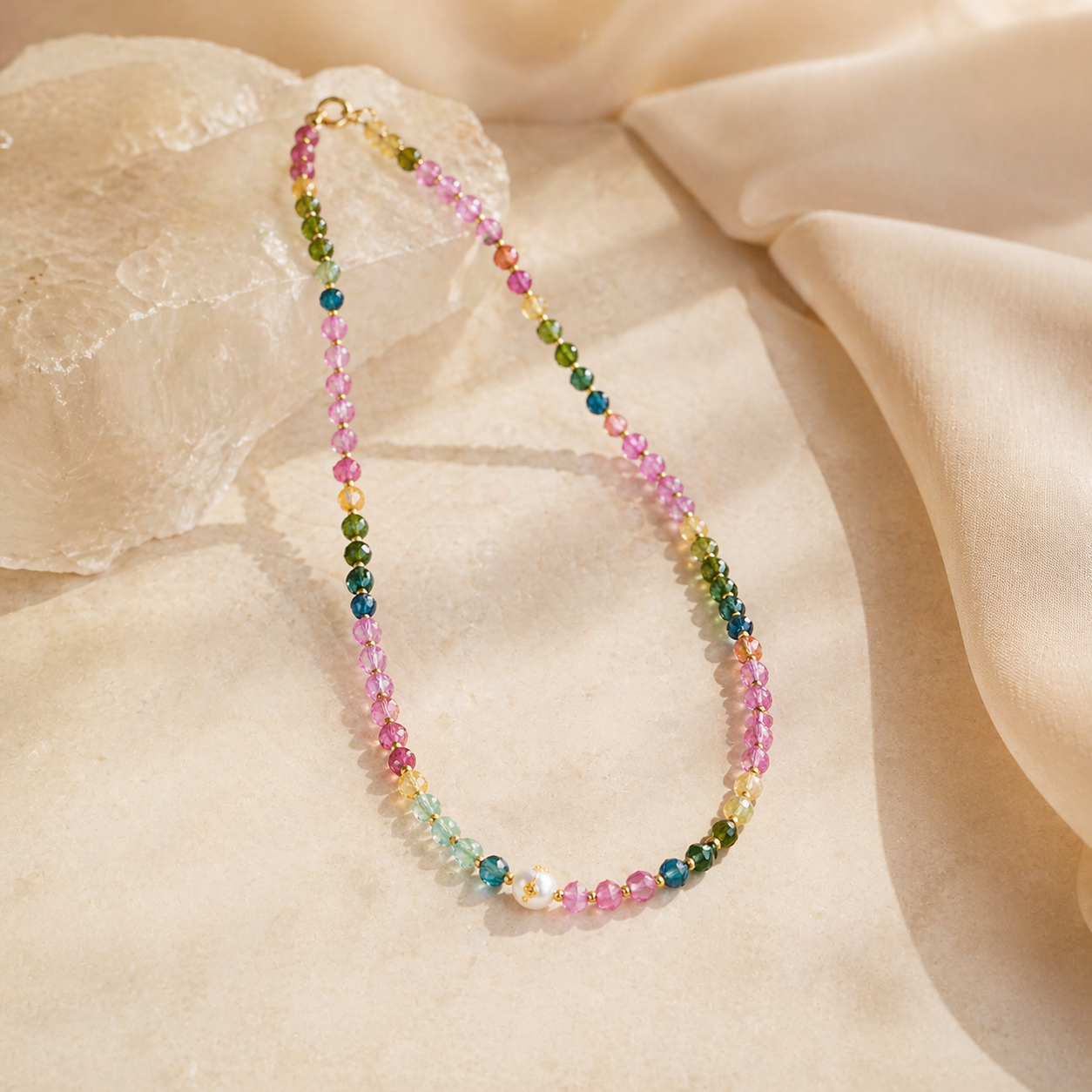 Harmonious Multi-color Tourmaline and Freshwater Pearl Necklace